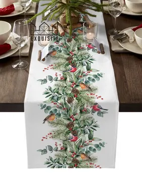 A Tél A Növények Eukaliptusz, Fenyő Robin Bogyók Asztali Futó Haza Étkező Dekoráció Alátét Alátét Esküvői Karácsonyi Asztali Futó