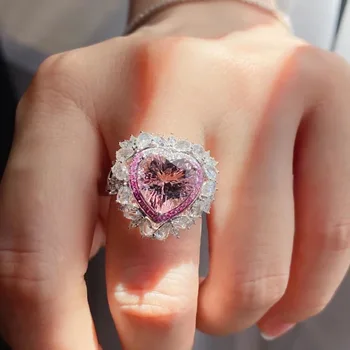 Csillogó Rózsaszín Szív Cirkónia Esküvői Gyűrű Női Tökéletes, Elegáns 925 Ezüst Nyilatkozat Menyasszonyi Ujj Gyűrű Trendi Ékszerek
