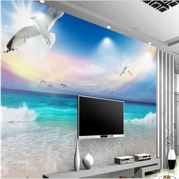 Egyéni fotó tapéta kék ég, fehér felhők strand tengerre nappali TV háttér tapéta lakberendezés táj freskó