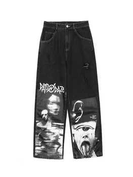 HOUZHOU Gótikus Bő Farmer Női Punk, Hippi Streetwear Nyomtatás Y2K Széles Láb Nadrág Harajuku Grunge Farmer Nadrág 90-es Évjárat