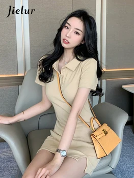 Jielur Koreai Stílus Tokot Tiszta Szín Egyszerű Polo Hivatal Hölgyek Feszes Csípő Vékony Derék, Szexi Rövid Ujjú Streetwear Mini Ruhák