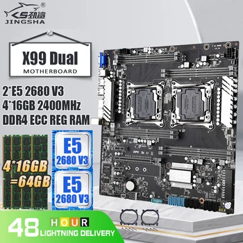 JINGSHA Kettős Csatlakozóaljzat X99 LGA 2011-3 Alaplap Szett 2db XEON E5 2680 V3 PROCESSZOR, 4*16 GB=64G 2400MHz REG ECC RAM DDR4 X99 Készlet