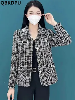 Klasszikus Kockás Hajtóka Tweed Kabát Nők Koreai Vintage Gyapjúból Kabátok, Alkalmi Vékony Gyapjú Chaquetas Elegáns Anya Outwear