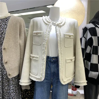 Tavaszi Őszi koreai Női Ruházat egysoros Luxus Elegáns Gyapjú Tweed Elegáns Kabát Patchwork Kabát Felső Casaco Outwear
