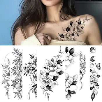 Tetoválás Matrica Vízálló Rajzolt Virágot, Hamis Test Ideiglenes Tetoválás, Fekete-Fehér Virág Tetoválás Személyes Használatra