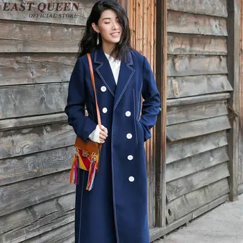 Vintage stílusú nő kabát 2019 őszi dupla soros kabát divat alkalmi széldzseki sötétkék hosszú kabát KK1707 HQ