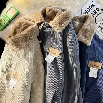 Y2k Japán retro kordbársony gombot bélelt kabát bárány gyapjú kabát, női téli megvastagodott hajtóka címke tervezés pamut, bélelt kabát